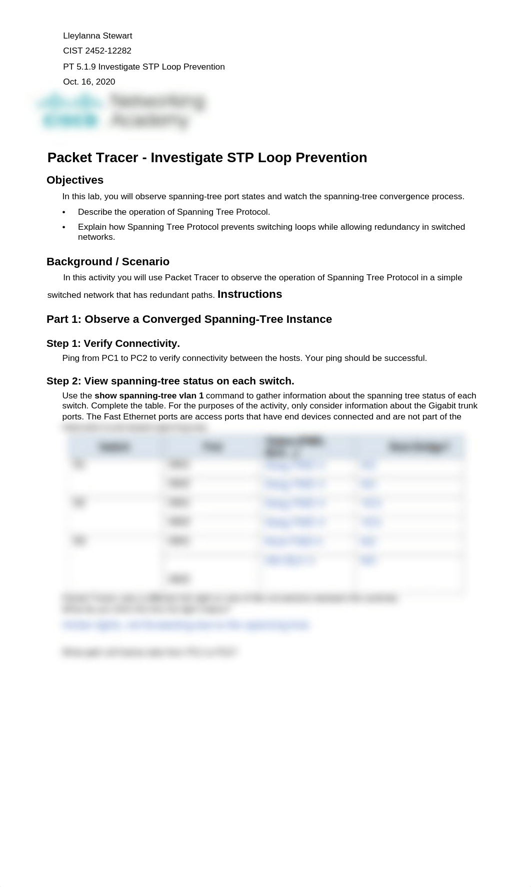 Stewart - 5.1.9 Packet Tracer Investigate STP Loop Prevention.doc_d4jz2g650rn_page1