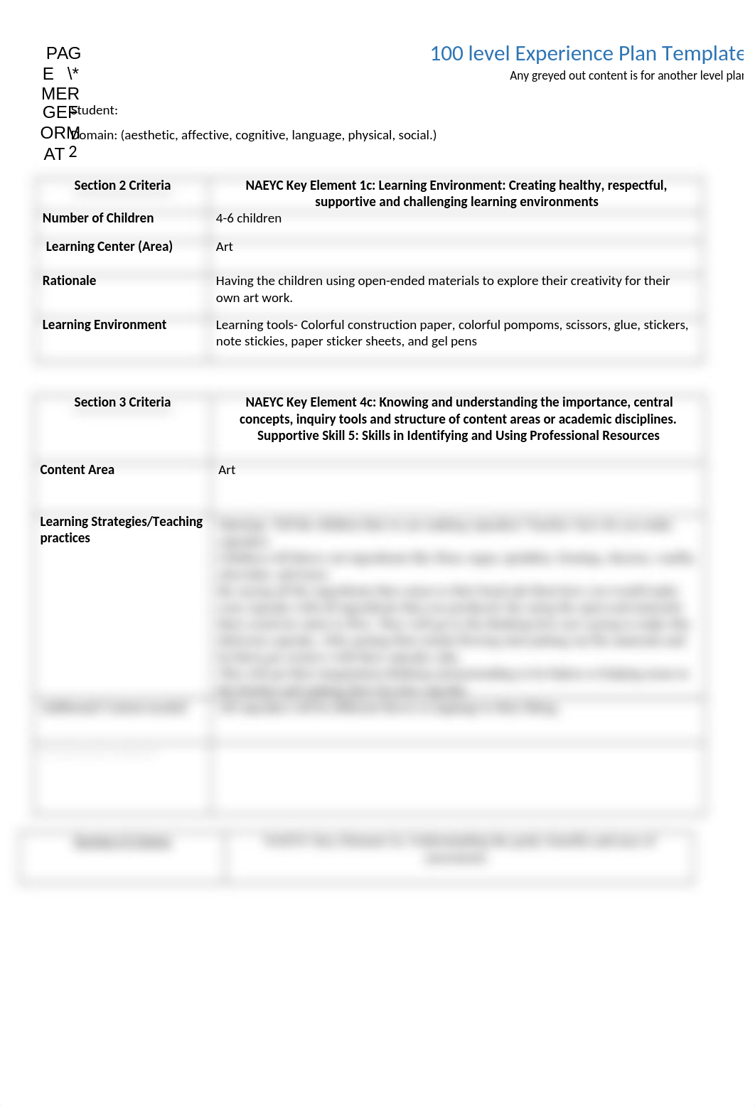 100 Level Learning Experience Plan Template by shamauria .docx_d4k3s15arjn_page1