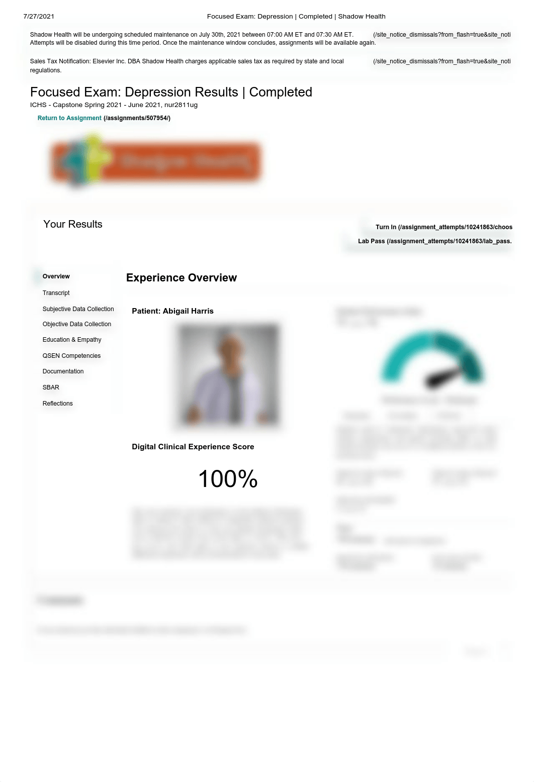 Focused Exam_ Depression _ Completed _ Shadow Health - Abigail Harris - Overview.pdf_d4o90chtc3o_page1