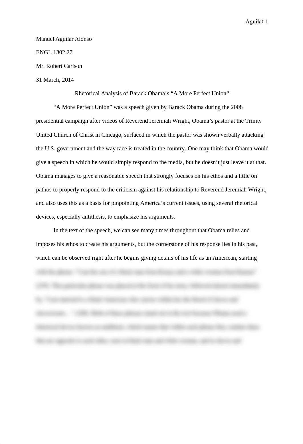 Rhetorical Analysis of Barack Obama's "A More Perfect Union"_d4od10m2axd_page1