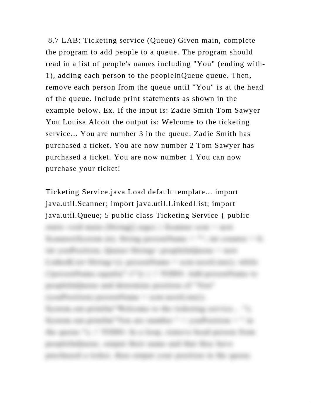 8.7 LAB Ticketing service (Queue) Given main, complete the program t.docx_d4tgkh98z3n_page2