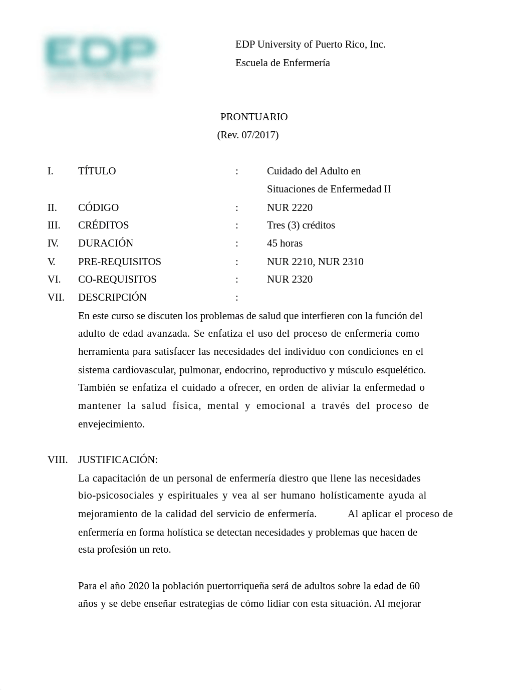 NUR 2220 - Cuidado del Adulto en Situación de Enfermedad II Rev. 07 17.docx_d4u1bdkyd6j_page1