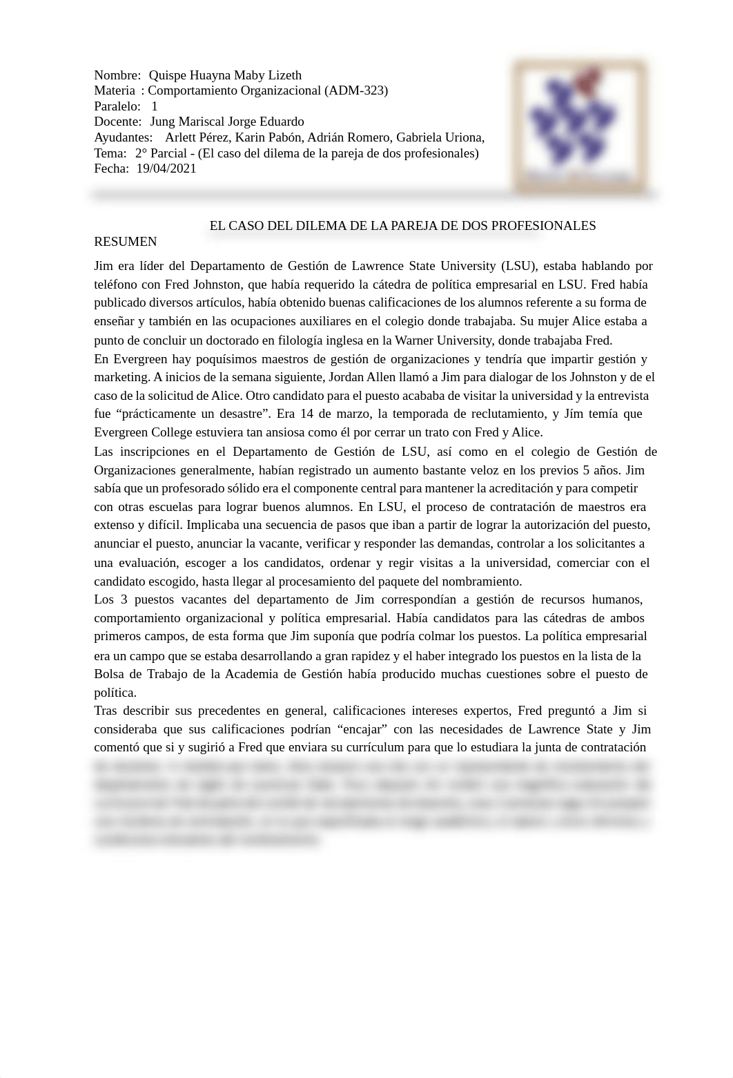 Quispe Huayna Maby Lizeth -2° Parcial CO (El caso del Dilema de la Pareja de Dos Profesionales).pdf_d4ubu0ofjia_page1