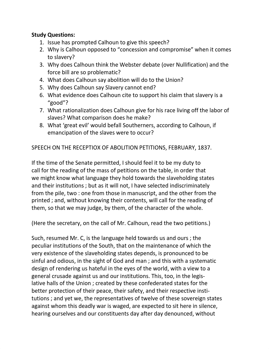 Lecture 9 Discussion Reading and Questions John C. Calhoun Speech on the Reception of Abolition Peti_d4um5nuod5n_page1