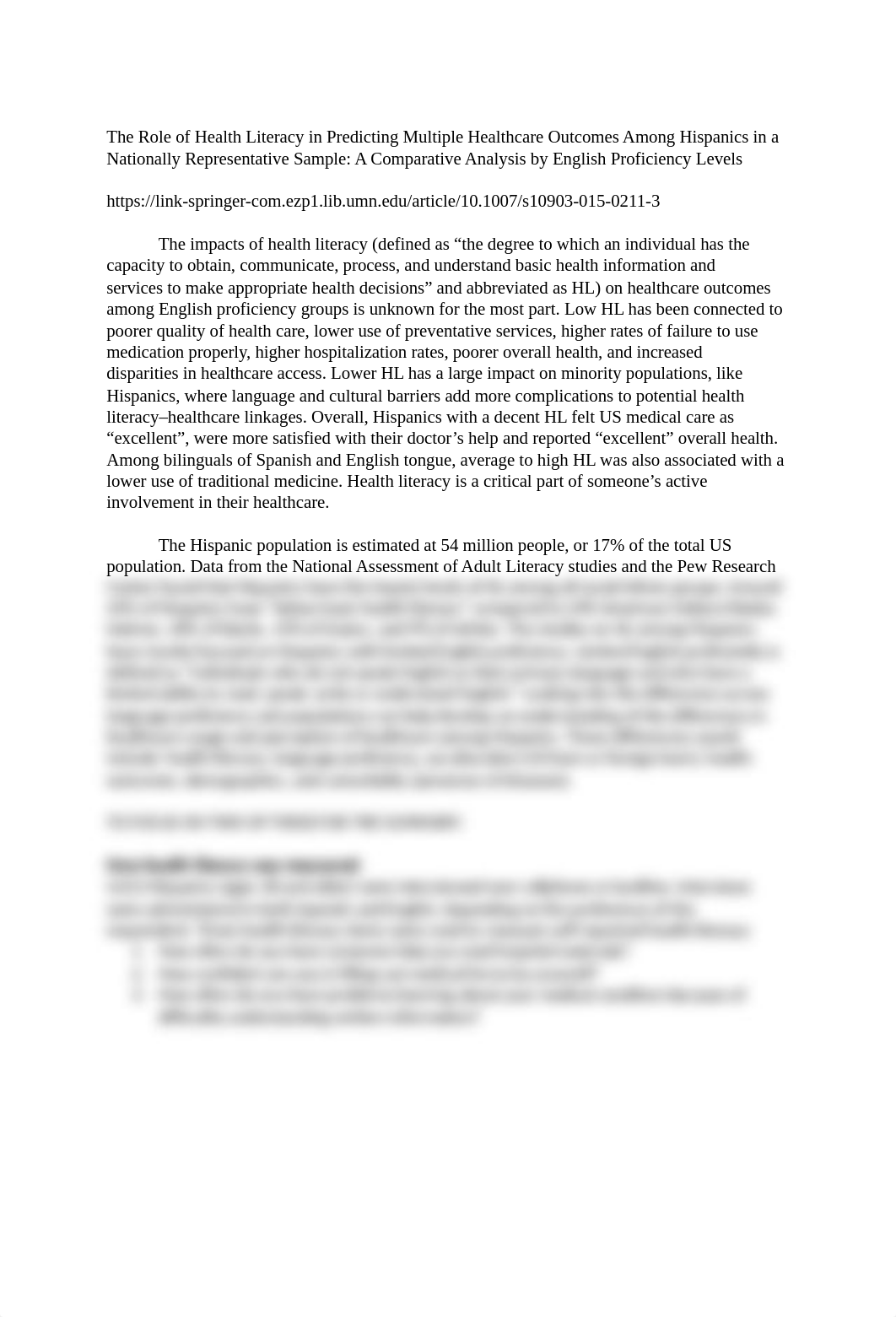 The Role of Health Literacy in Predicting Multiple Healthcare Outcomes Among Hispanics in a National_d4vnvamuv7a_page1