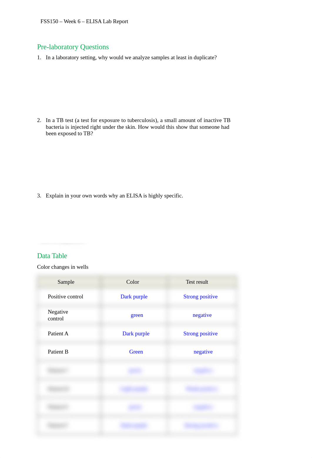 FSS150 Week 6 ELISA Lab Report - ANSWERS.docx_d4xup6rqc2z_page1