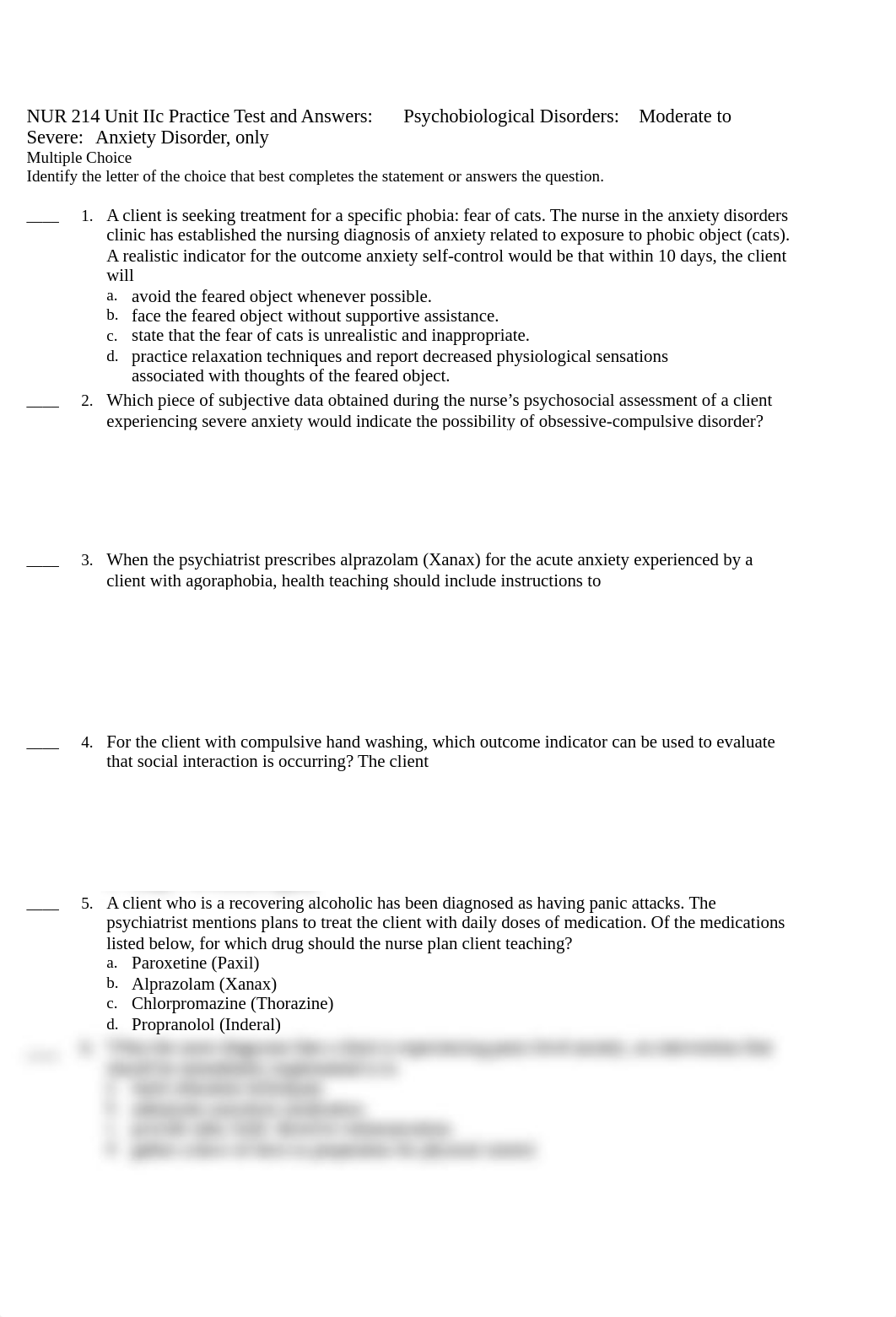 NUR 214 Mental Health Unit IIc Practice Test and Answers Anxiety only 13 Questions  Revised 2020.doc_d4y7jthpcf5_page1