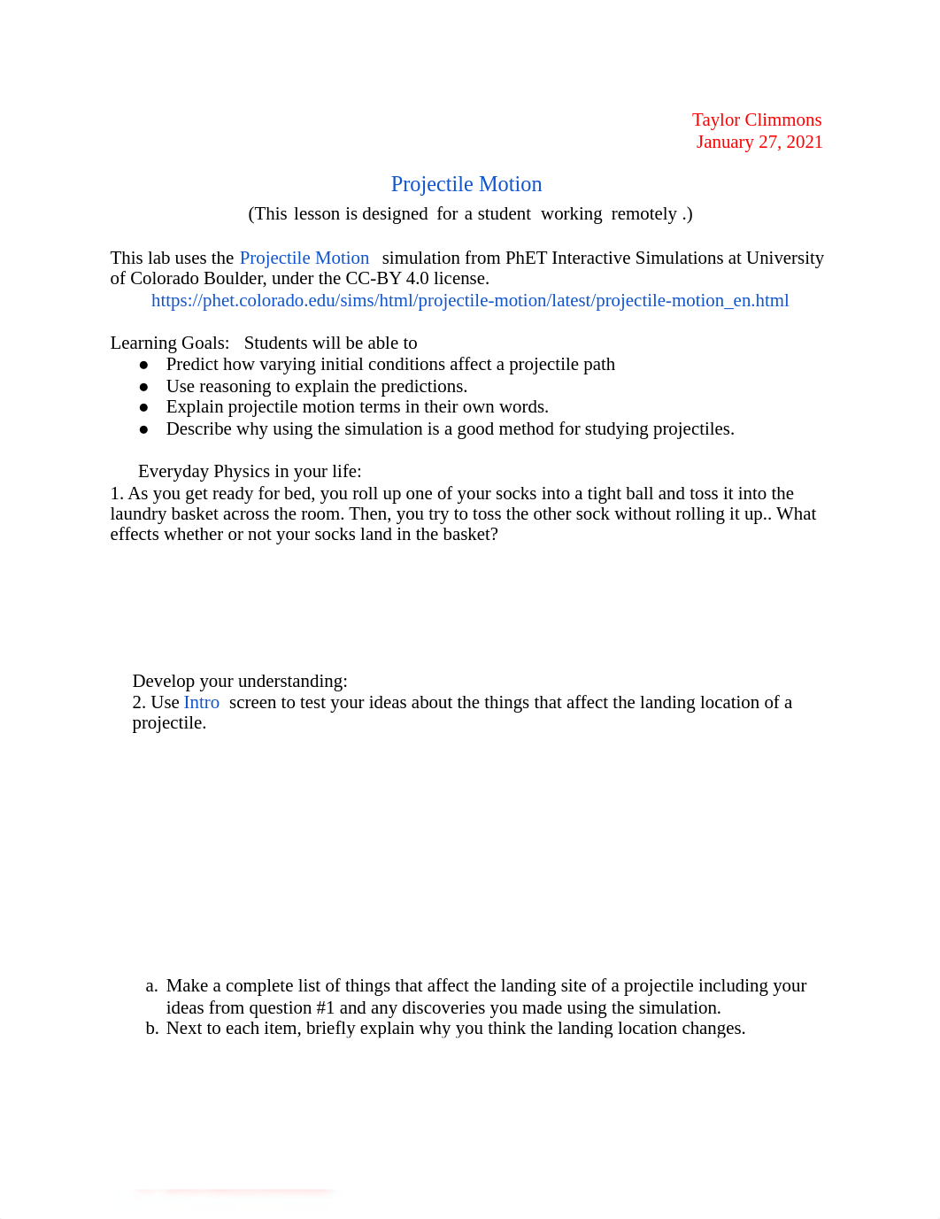 Lab 2 Projectile Motion- Taylor Climmons.pdf_d4ynppr9t89_page1