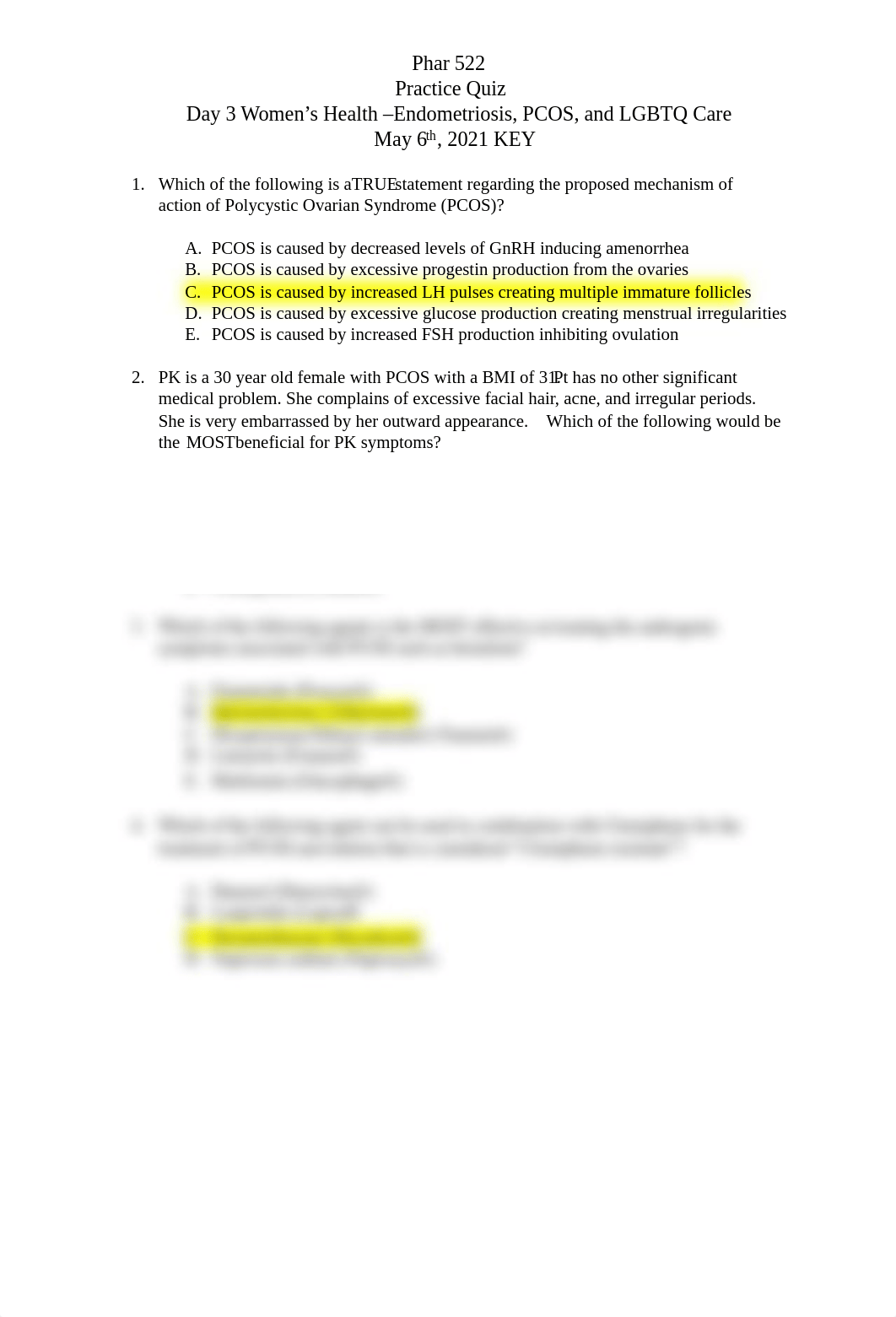 Day 3 Women's Health Practice Quiz - Endometriosis PCOS and LGBTQ Care 2021 KEY .pdf_d4yu9x8dq70_page1