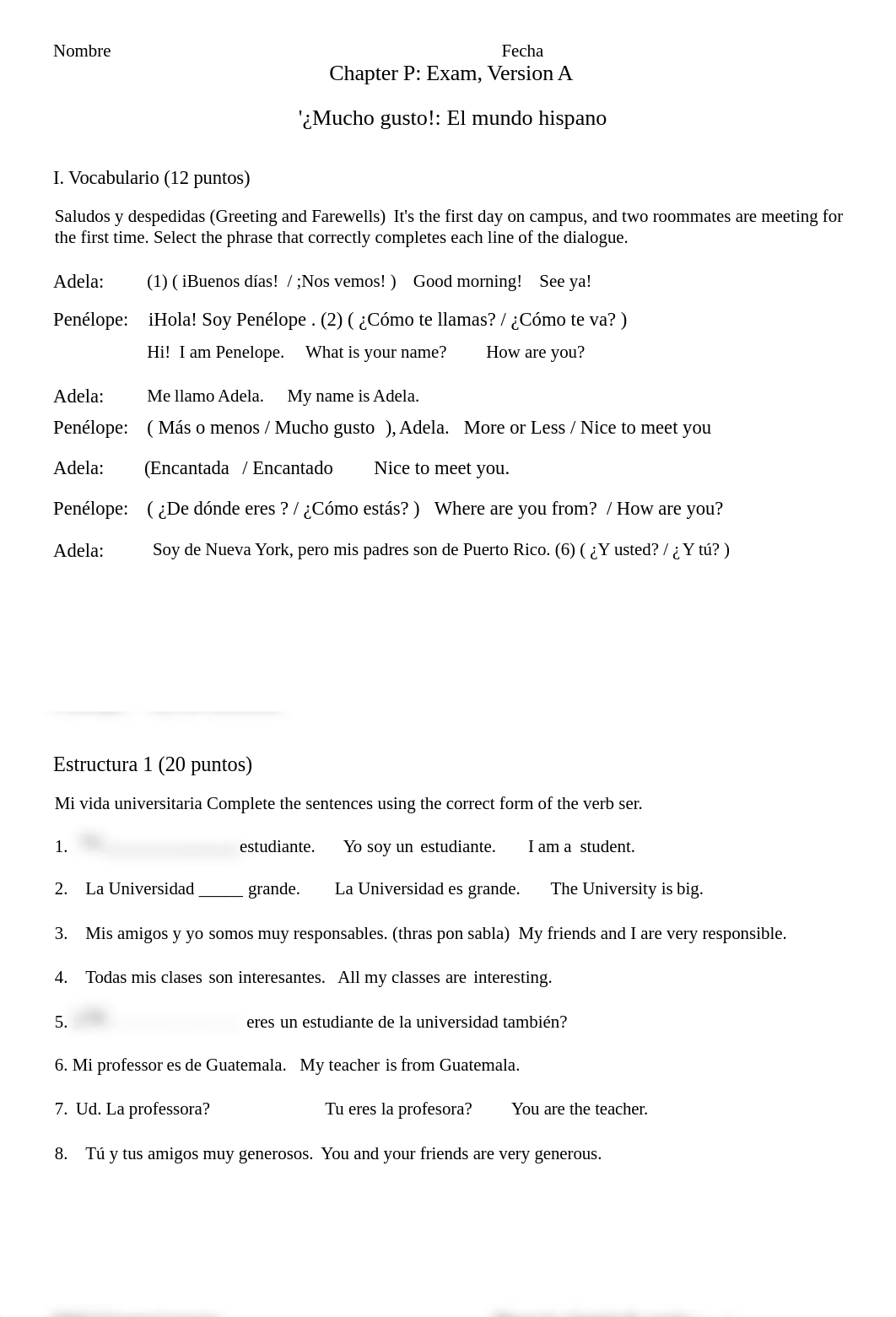 Spanish.Ch Pre Exam A with answers.docx_d4z3k5ml0xo_page1