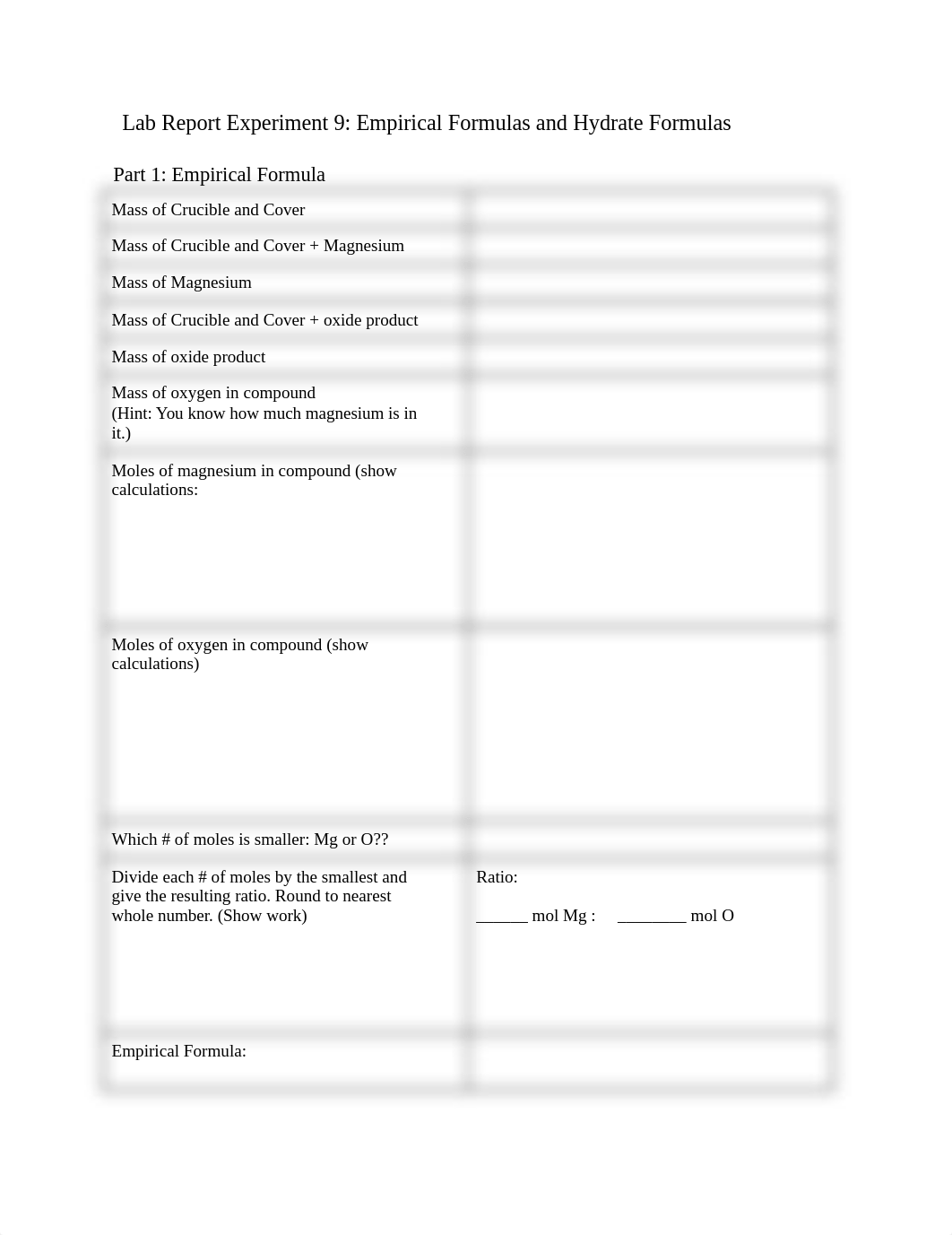 Lab Report Experiment 9_ Empirical Formulas and Hydrate Formulas.docx_d50i8e442c2_page1