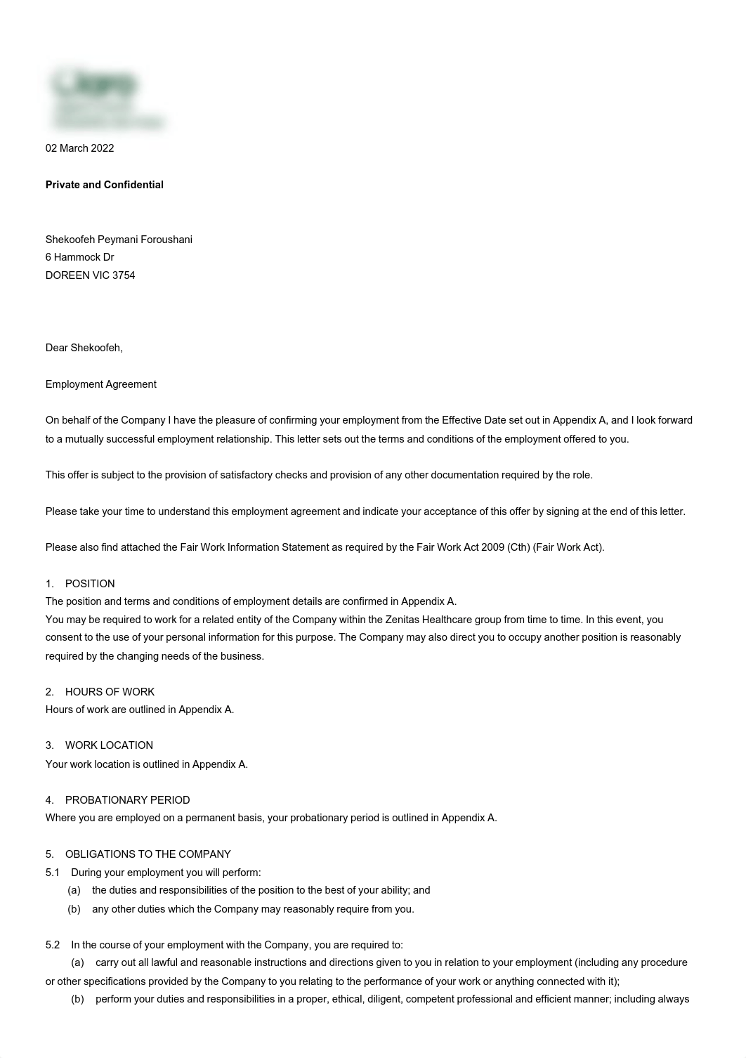 2021 0307 - Claro PPT Employment Agreement  - Shekoofeh Peymani Foroushani  (unsigned).pdf_d516rb1zfc7_page1