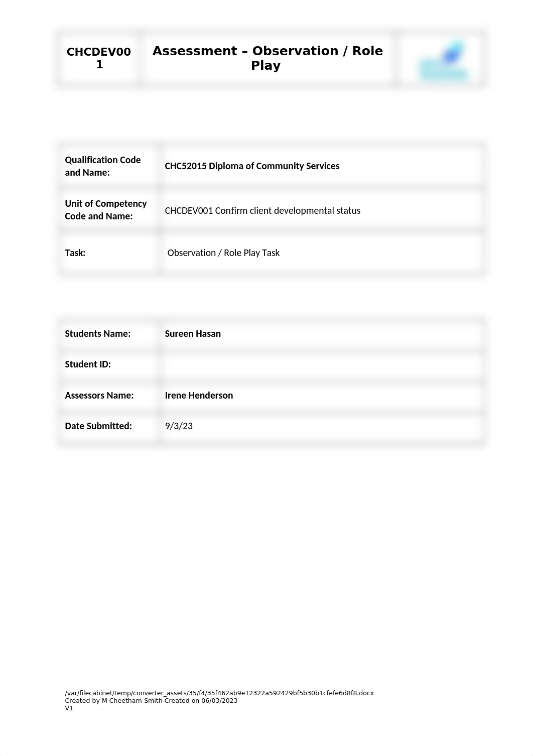 CHCDEV001 Role Play Observation Assessment.docx_d52gpqo25s1_page1