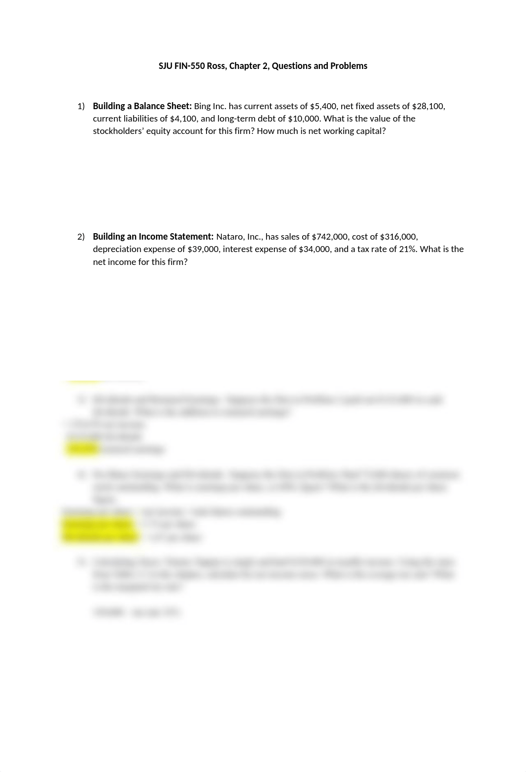 SJU FIN-550 Ross, Chapter 2, Questions, Problems and Answers.docx_d52rjv0zs3f_page1