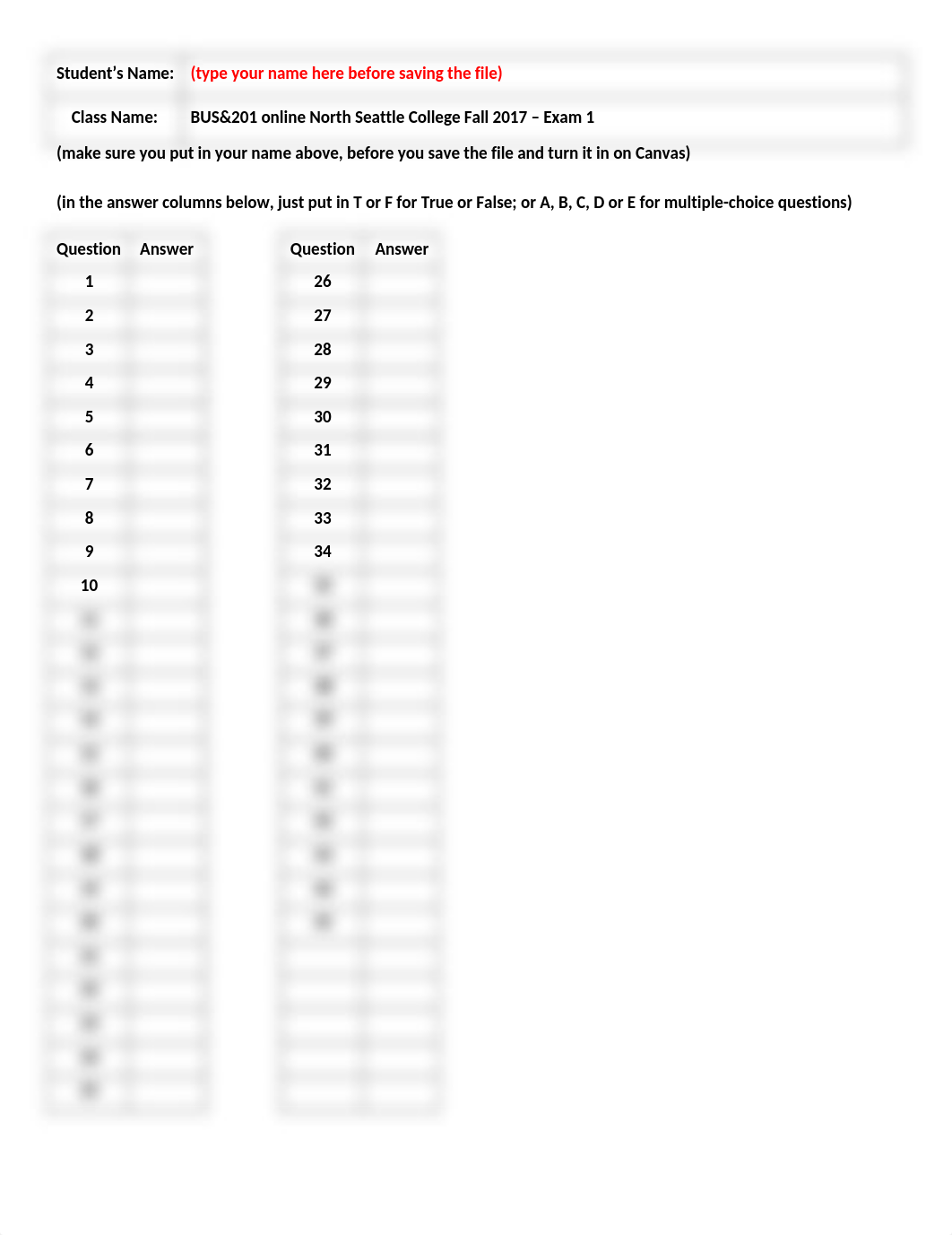 BUS201 online Answer Sheet Fall 2017 Exam 1.doc_d53y245u8ye_page1