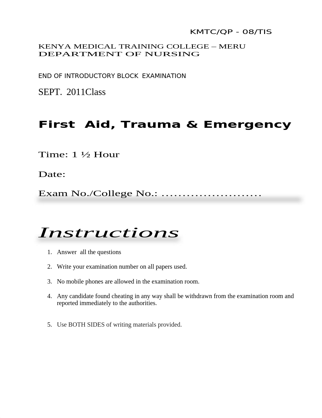 First Aid, Trauma & Emergency - end of Introductory Block -Sept. 2011.docx_d54c3rsztmw_page1