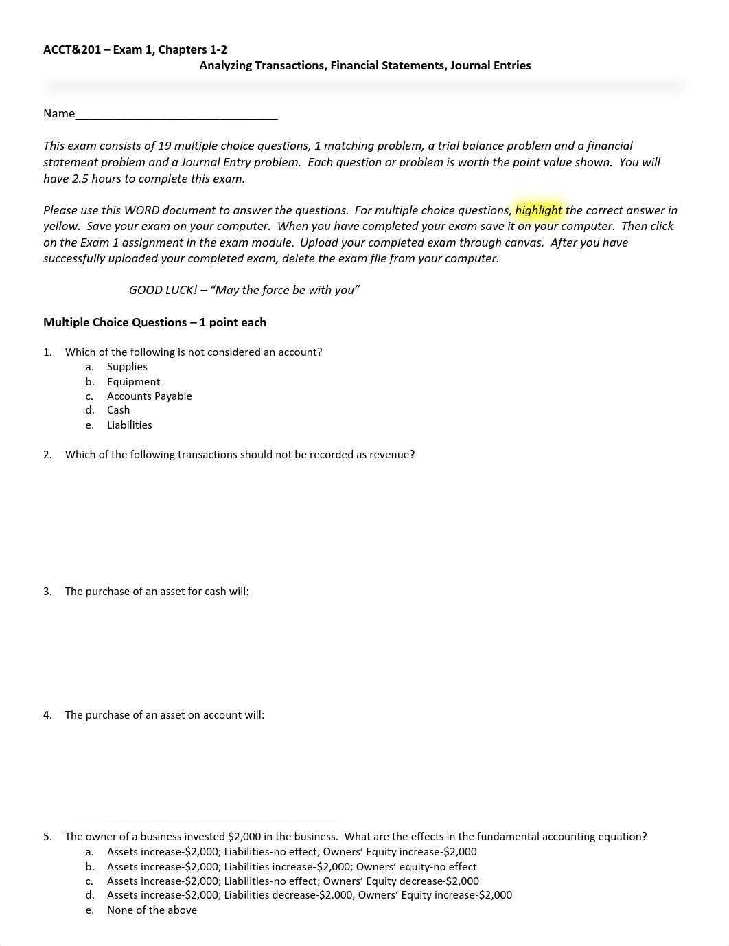 Exam 1, Chapters 1-2 - Analyzing Transactions, Financial Statements, Journal Entries - W2021.pdf_d55du522lli_page1