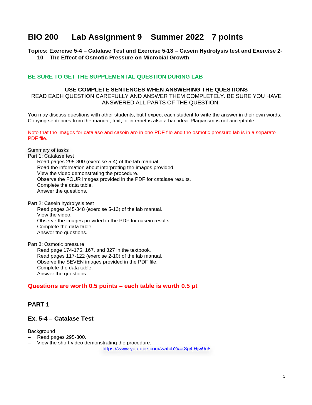 BIO 200 Lab Assignment 9 catalase casein osmotic pressure summer 2022.docx_d56hedtlxj4_page1