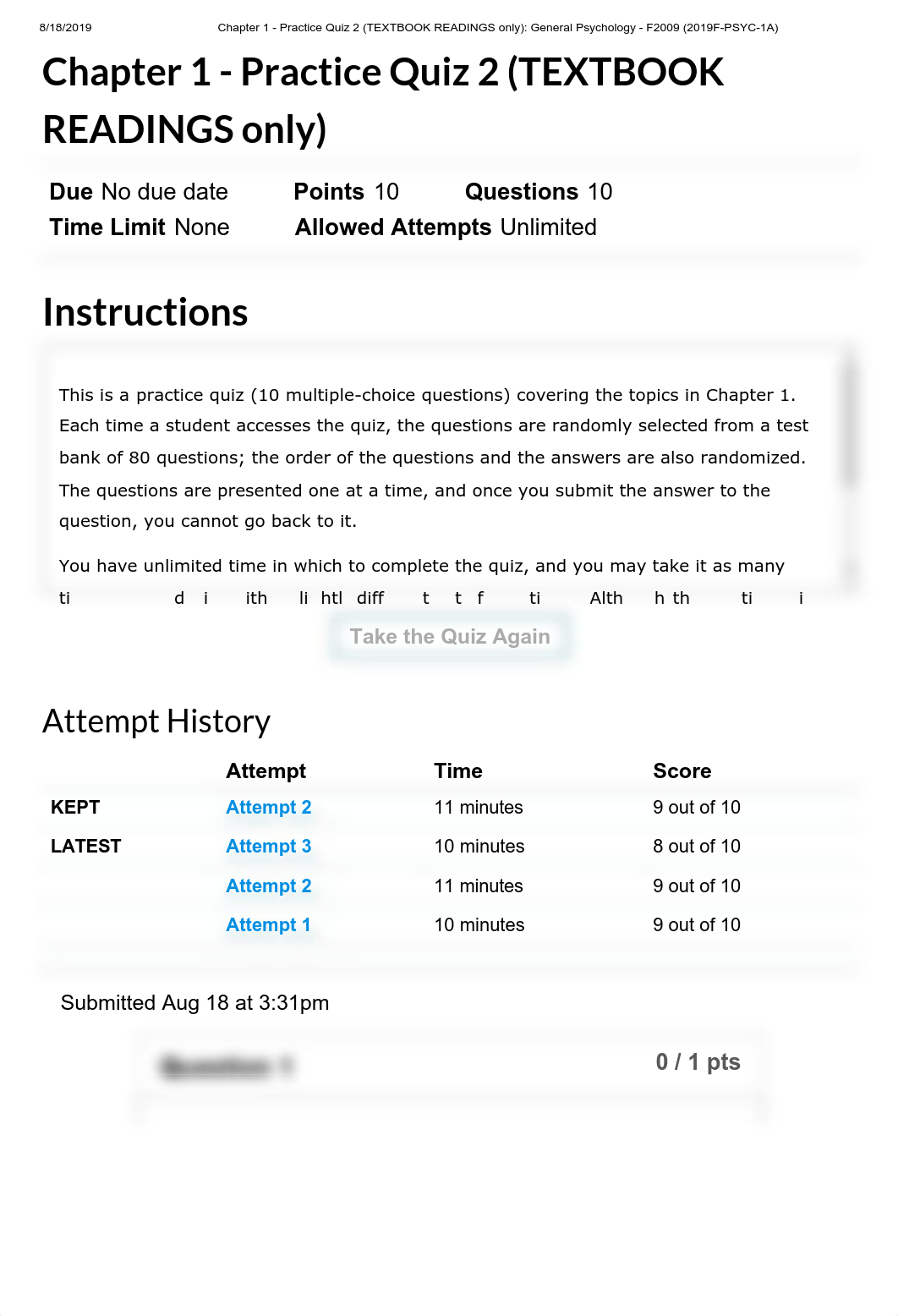 Chapter 1 - Practice Quiz 2 (TEXTBOOK READINGS only)_ General Psychology - F2009 (2019F-PSYC-1A)2.pd_d587427fydu_page1