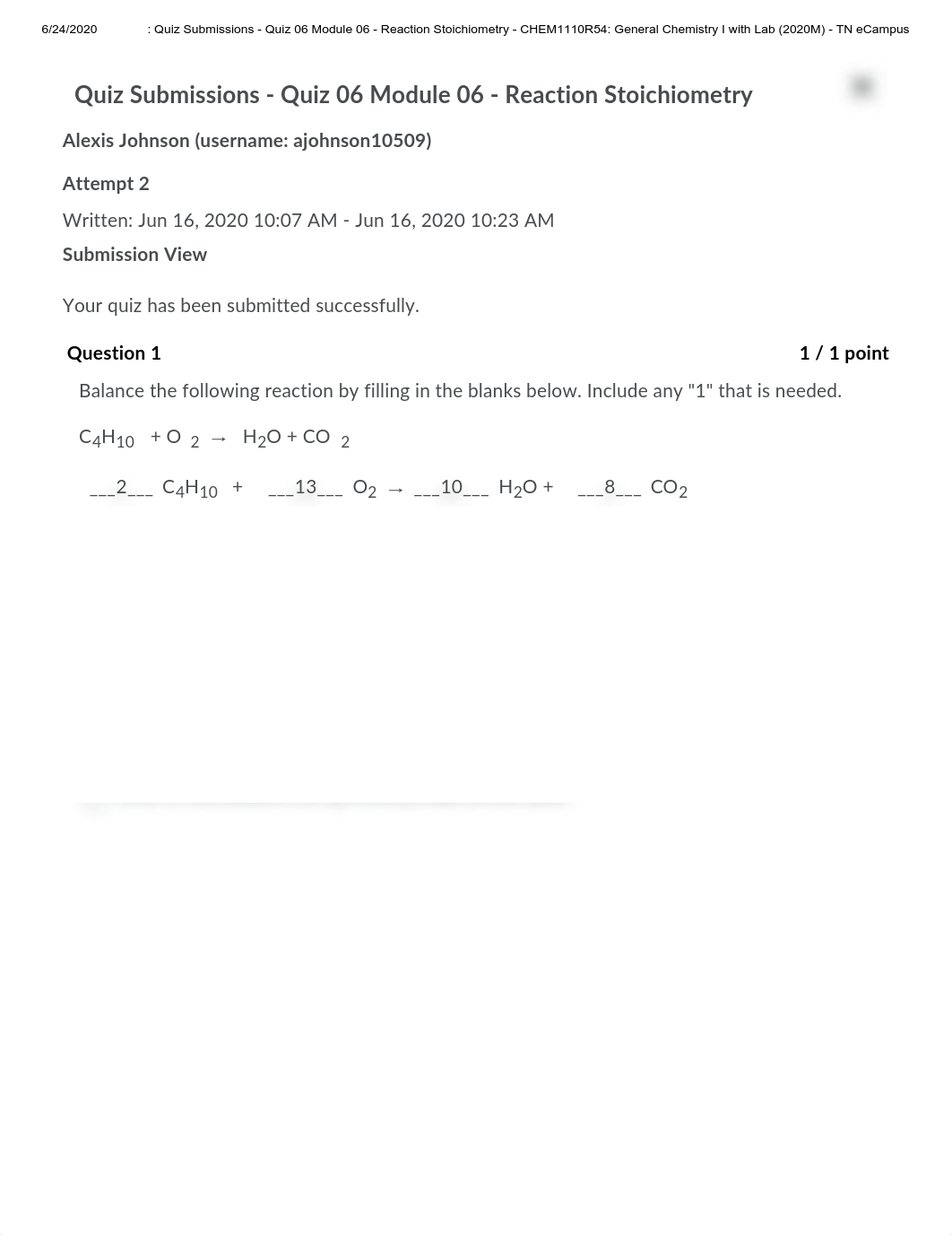 _ Quiz Submissions - Quiz 06 Module 06 - Reaction Stoichiometry - CHEM1110R54_ General Chemistry I w_d58u9oynh5b_page1