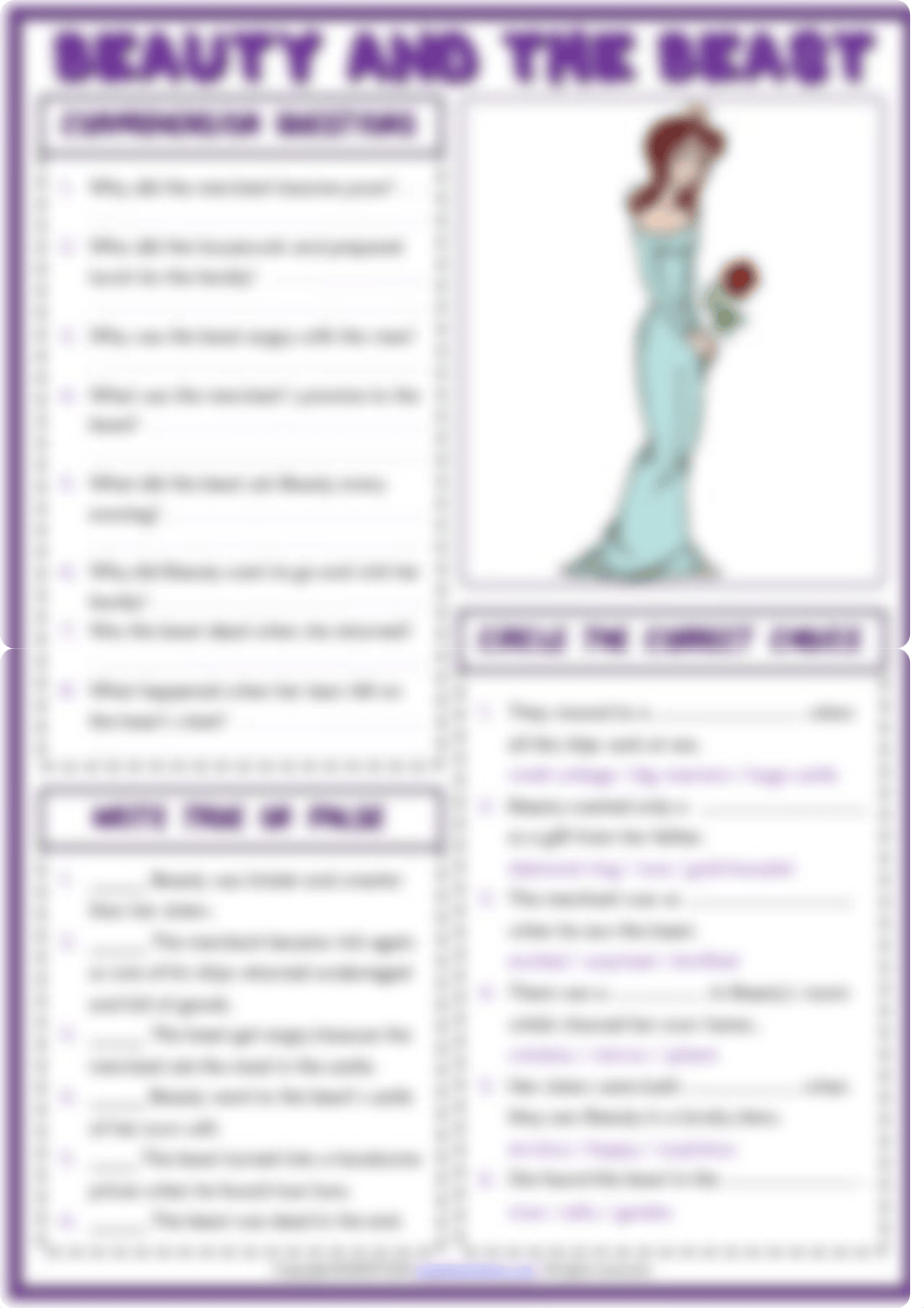 beauty and the beast esl printable reading comprehension questions worksheet for kids.pdf_d5cvqlwyrsj_page1