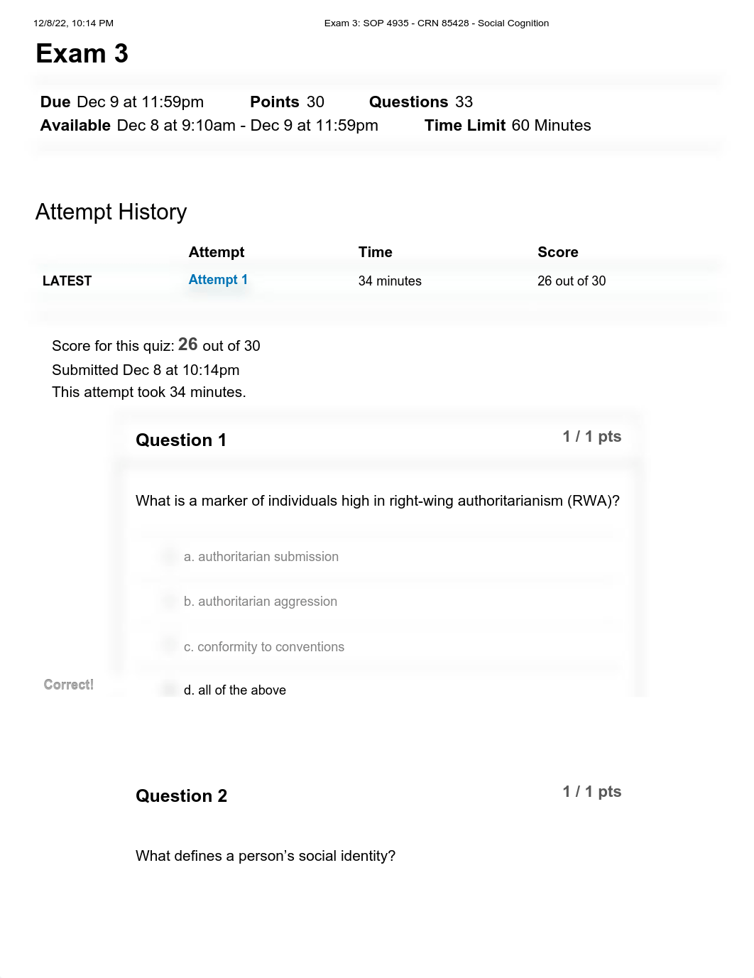 Exam 3_ SOP 4935 - CRN 85428 - Social Cognition.pdf_d5cxz8ihjlo_page1