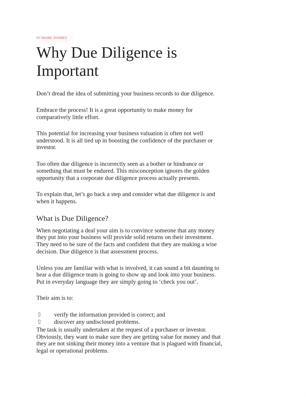 UNIT 2 ARTICLE WHY IS DUE DILIGENCE IMPORTANT By Mark Toohey.docx_d5g4gw7mhbb_page1