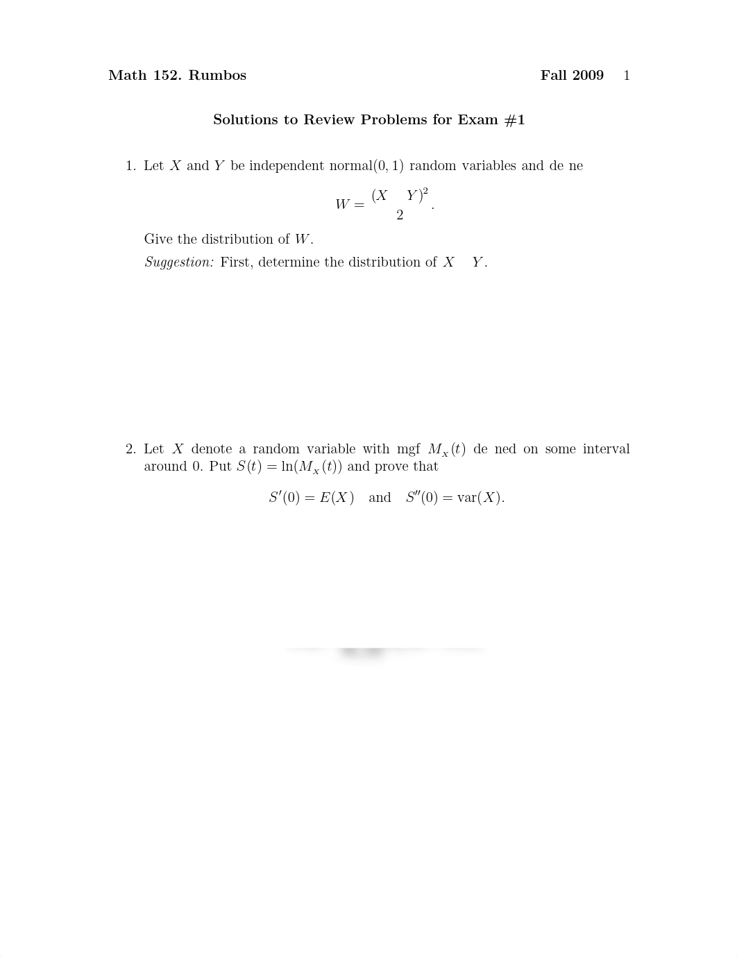 Exam 1 Review Problem Set Solution Fall 2009 on Statistical Theory_d5ivokoifrs_page1