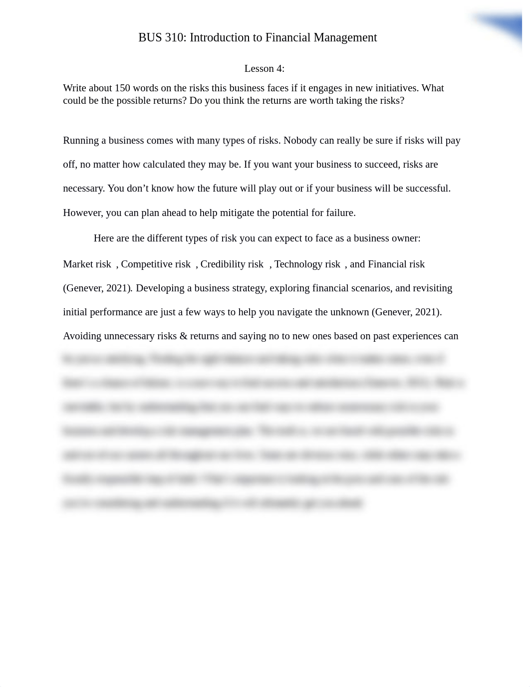 Lesson 4 assignement- Risks the business faces if it engages in new initiatives.docx_d5krz5k4br9_page1