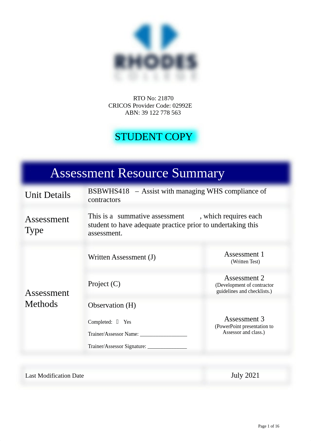 SATool - BSBWHS418 - Assist with managing WHS compliance of contractors - v July 2021.pdf_d5l77s3vpbz_page1