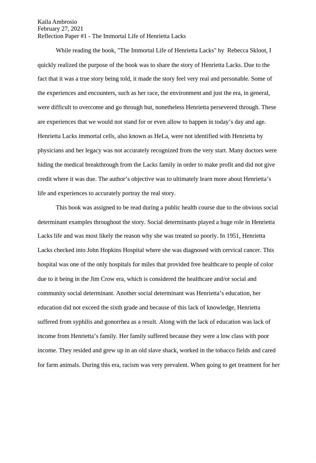 Reflection Paper #1 - The Immortal Life of Henrietta Lacks.docx_d5lzj0qhv9c_page1