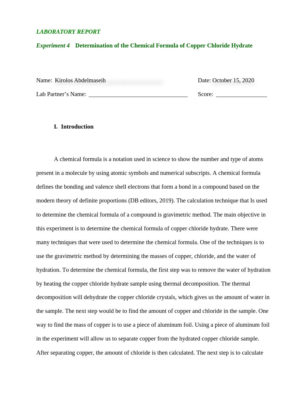 Exp 4  Determination of the Chemical Formula of Copper Chloride Hydrate Kirolos Abdelmaseih 4.docx_d5m5r9x8zi4_page1