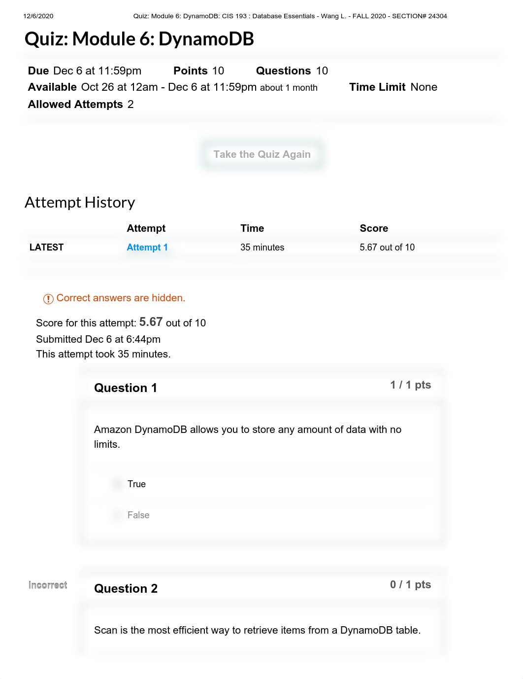 Quiz_ Module 6_ DynamoDB_ CIS 193 _ Database Essentials - Wang L. - FALL 2020 - SECTION# 24304.pdf_d5mpq0kddgp_page1