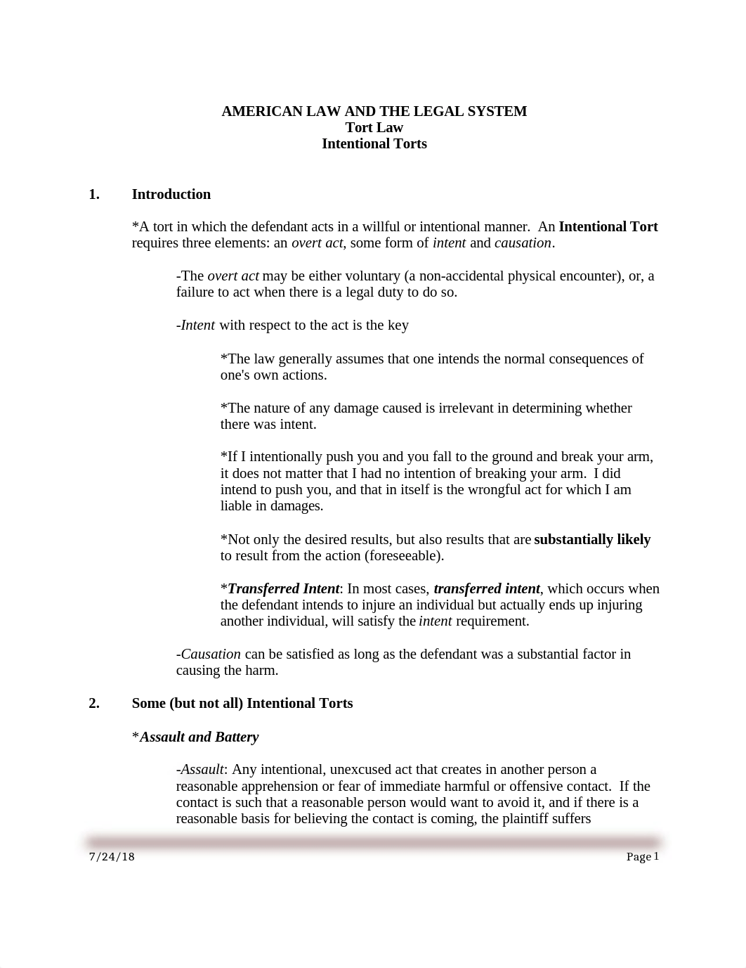 Lecture Notes - Tort Law - Intentional Torts.doc_d5mxc2m1yk9_page1