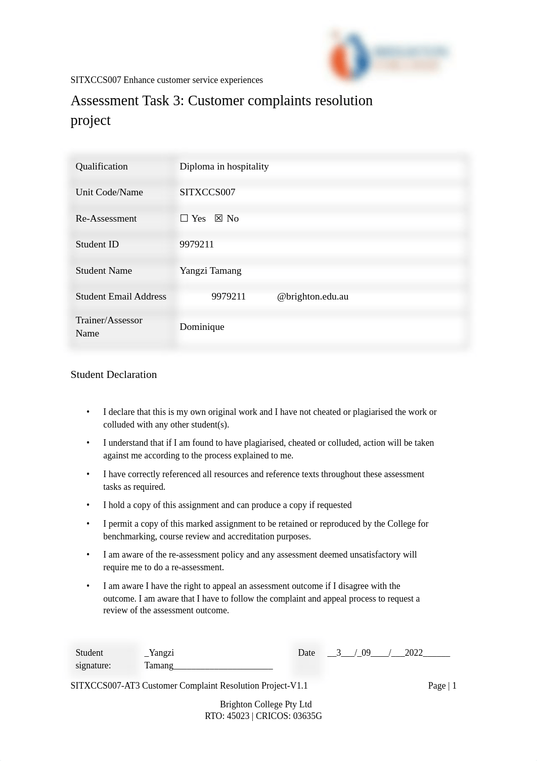 SITXCCS007 [YangziTamang_9979211] AT3 Customer Complaint Resolution Project (4).pdf_d5nijwi2amz_page1