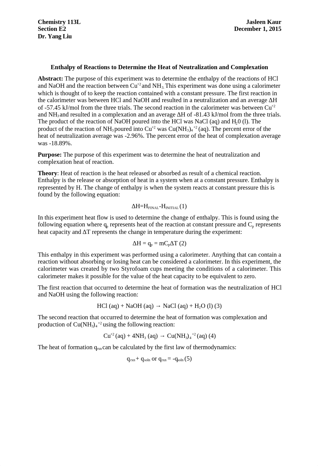 Experiment 7 Formal Lab Report Enthalpy of Reactions to Determine the Heat of Neutralization and Com_d5r98pijh4j_page1