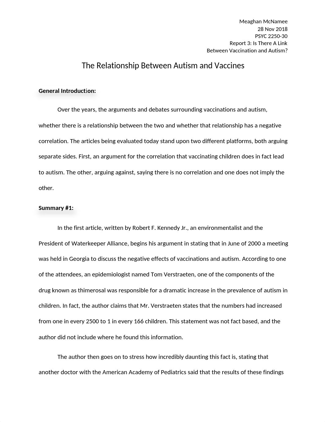 McNamee_Report 3 - Is There A Link Between Vaccination and Autism.docx_d5rlc4twlh9_page1