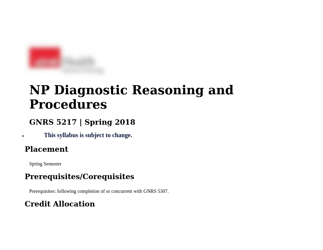 NP Diagnostic Reasoning and Procedures GNRS 5217. Spring 2018 Syllabus. UTMB.docx_d5u09bctq69_page1