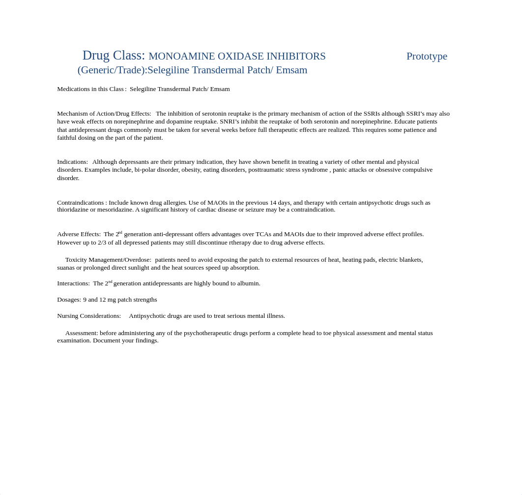 Pharmacology-Drug cards- MONOAMINE OXIDASE INHIBITORS (MAOIs) Selegiline transdermal patch.docx_d5u3rmffhxm_page1