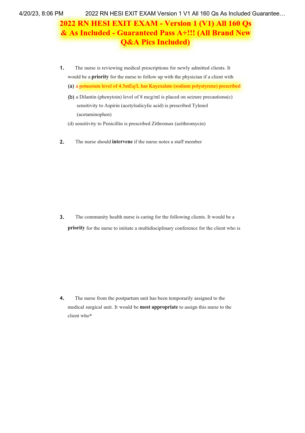 2022 RN HESI EXIT EXAM Version 1 V1 All 160 Qs As Included Guaranteed Pass A All Brand.pdf_d5wbfubuhw5_page1