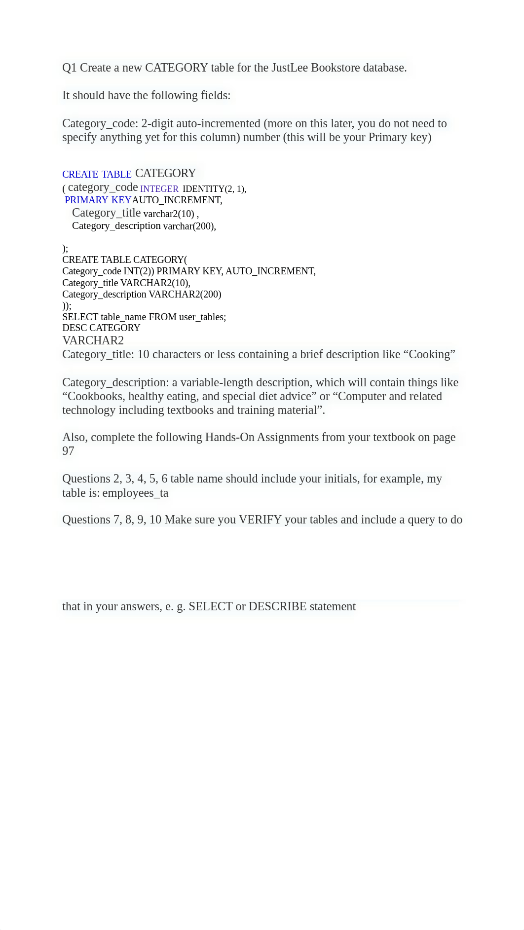 Q1 Create a new CATEGORY table for the JustLee Bookstore database.docx_d5zd5lemhx1_page1