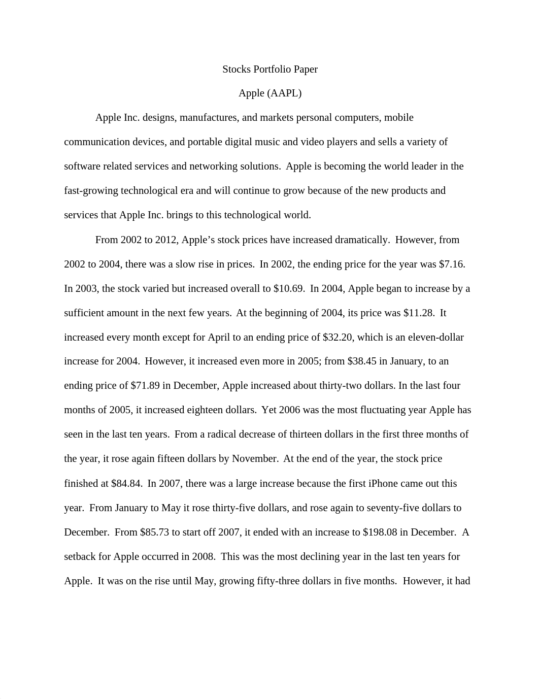 Essay on Stock Portfolios of Apple, Bank of America, eBay, Verizon, and Nike_d5zub6juk4r_page1