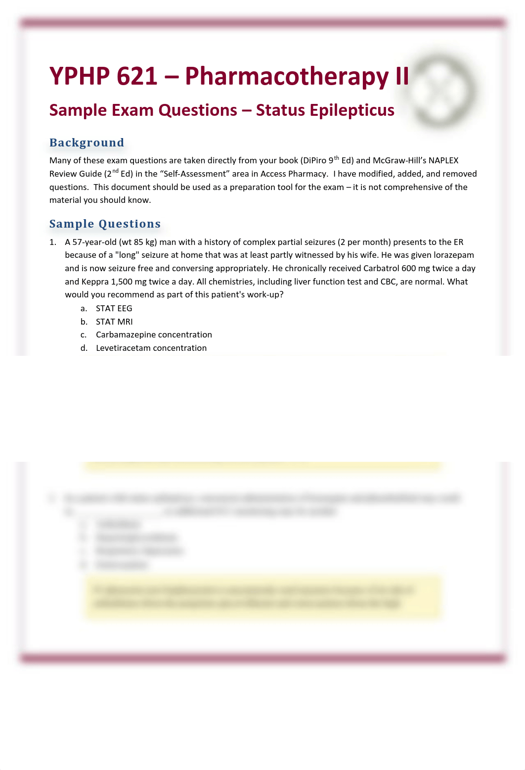 Week 6 Status Epilepticus Sample Exam Questions.pdf_d61wswhfv5f_page1