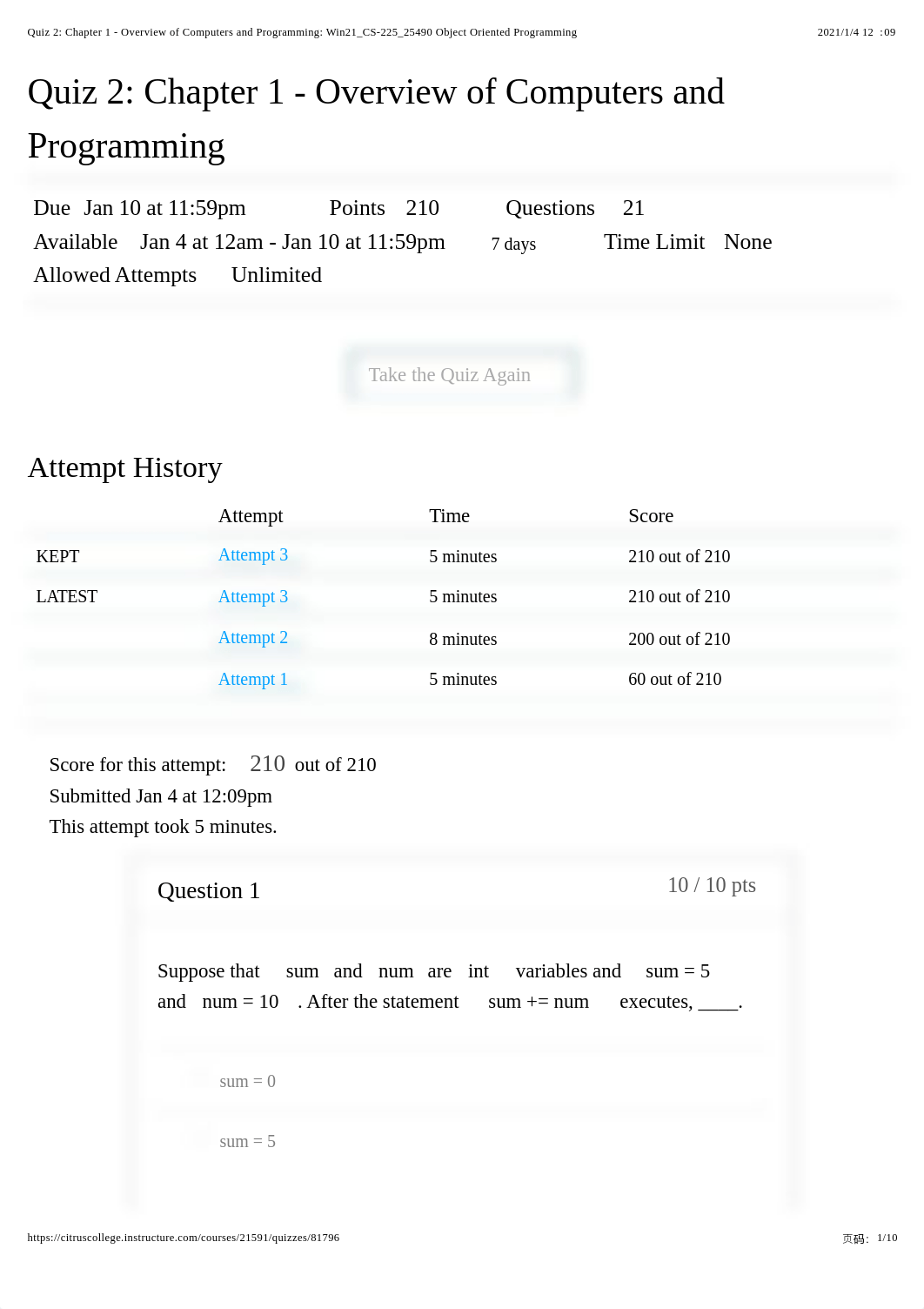 Quiz 2: Chapter 1 - Overview of Computers and Programming: Win21_CS-225_25490 Object Oriented Progra_d638lxbgb2c_page1