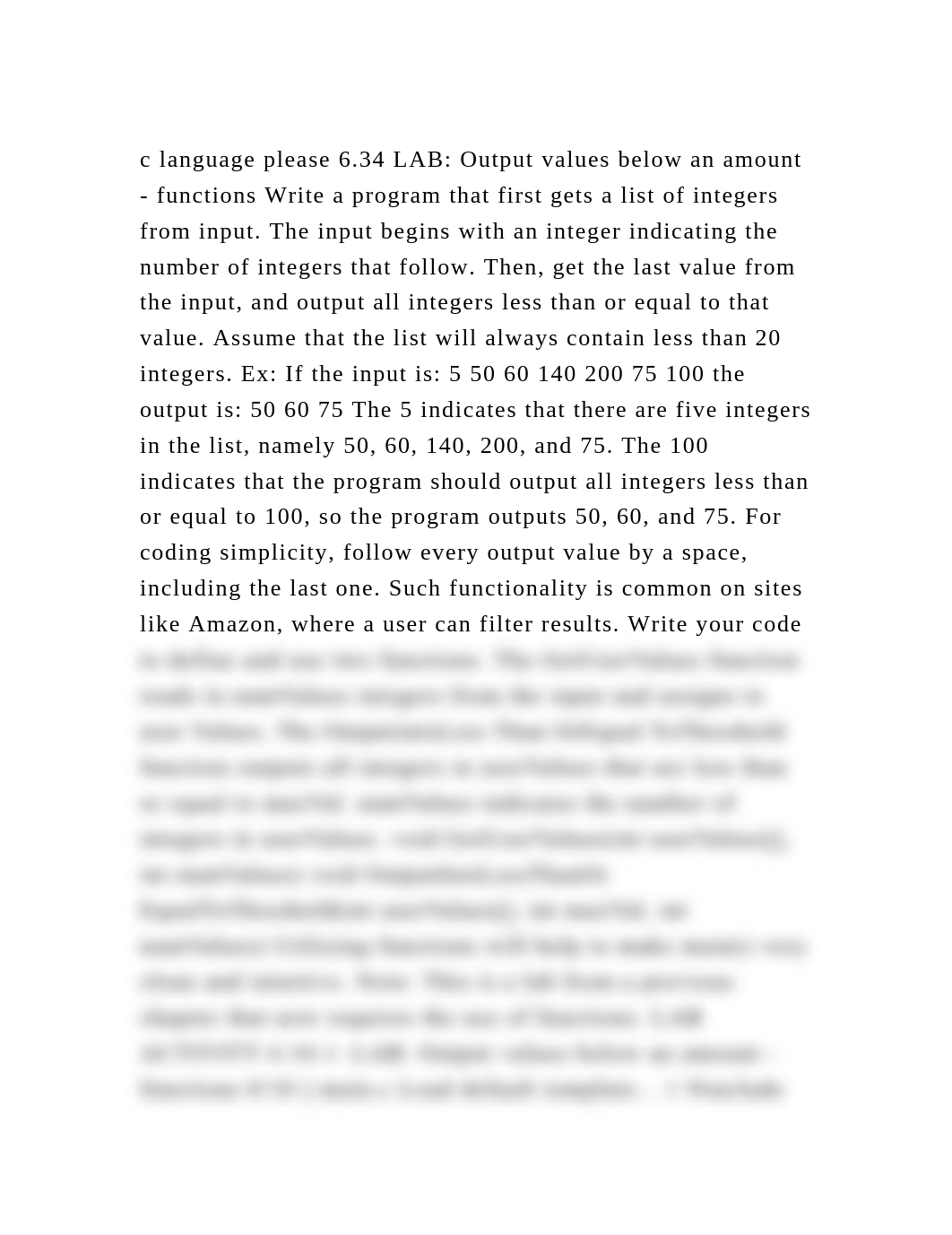 c language please 6.34 LAB Output values below an amount - function.docx_d63y5o7ff9s_page2