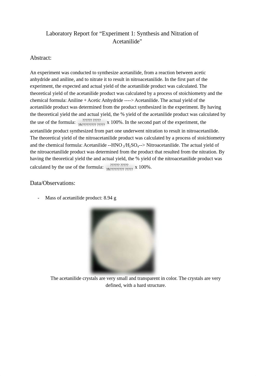 Laboratory Report for _Experiment 1_ Synthesis and Nitration of Acetanilide_ (1).pdf_d63yia8mn5f_page1