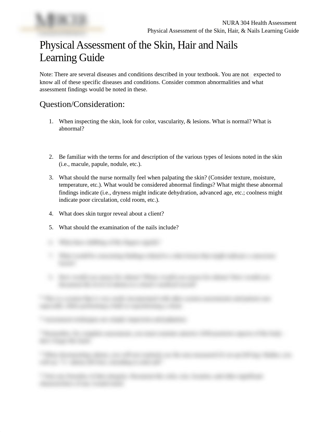 NURA304 Physical Assessment of the Skin Hair  Nails Health Assessment Learning Guide.docx_d6783f9uxw9_page1