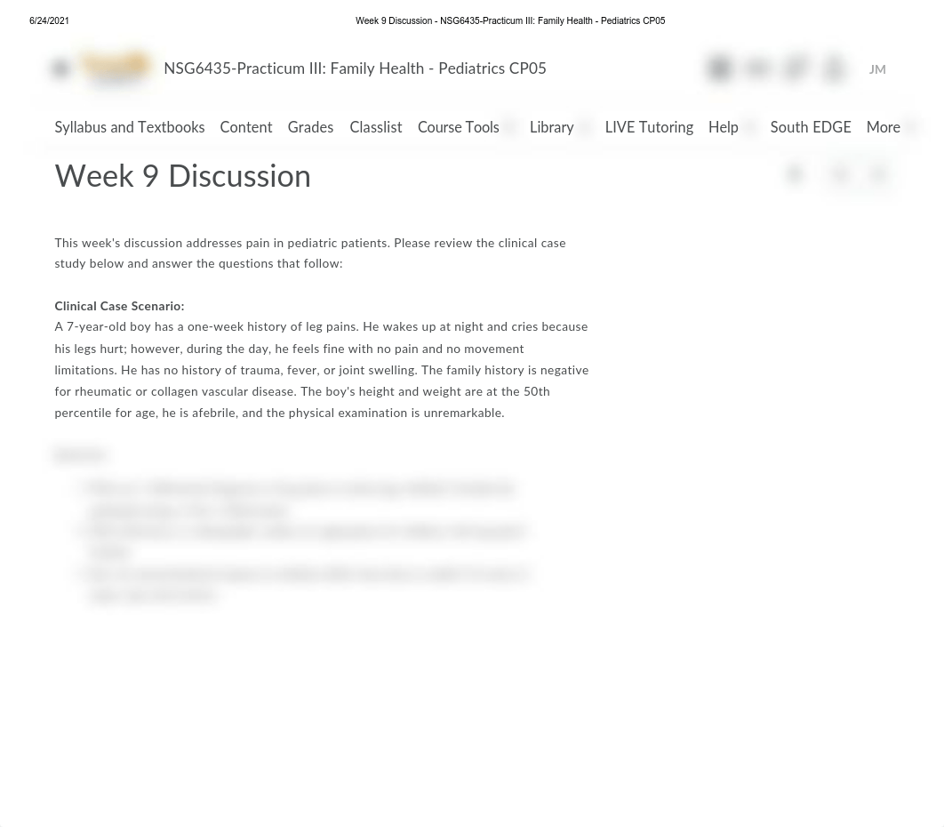 Week 9 Discussion - NSG6435-Practicum III_ Family Health - Pediatrics CP05.pdf_d67c5dqlu8f_page1