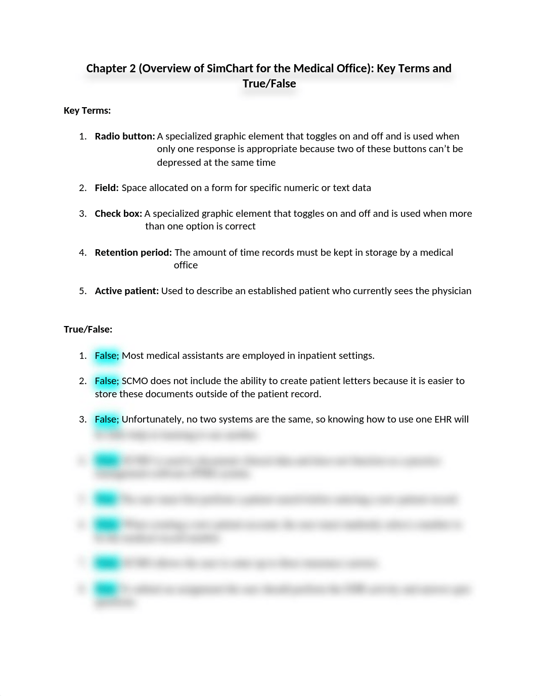 Chapter 2 (Overview of the SimChart for the Medical Office)- Key Terms & True and False.docx_d67uljoeks6_page1