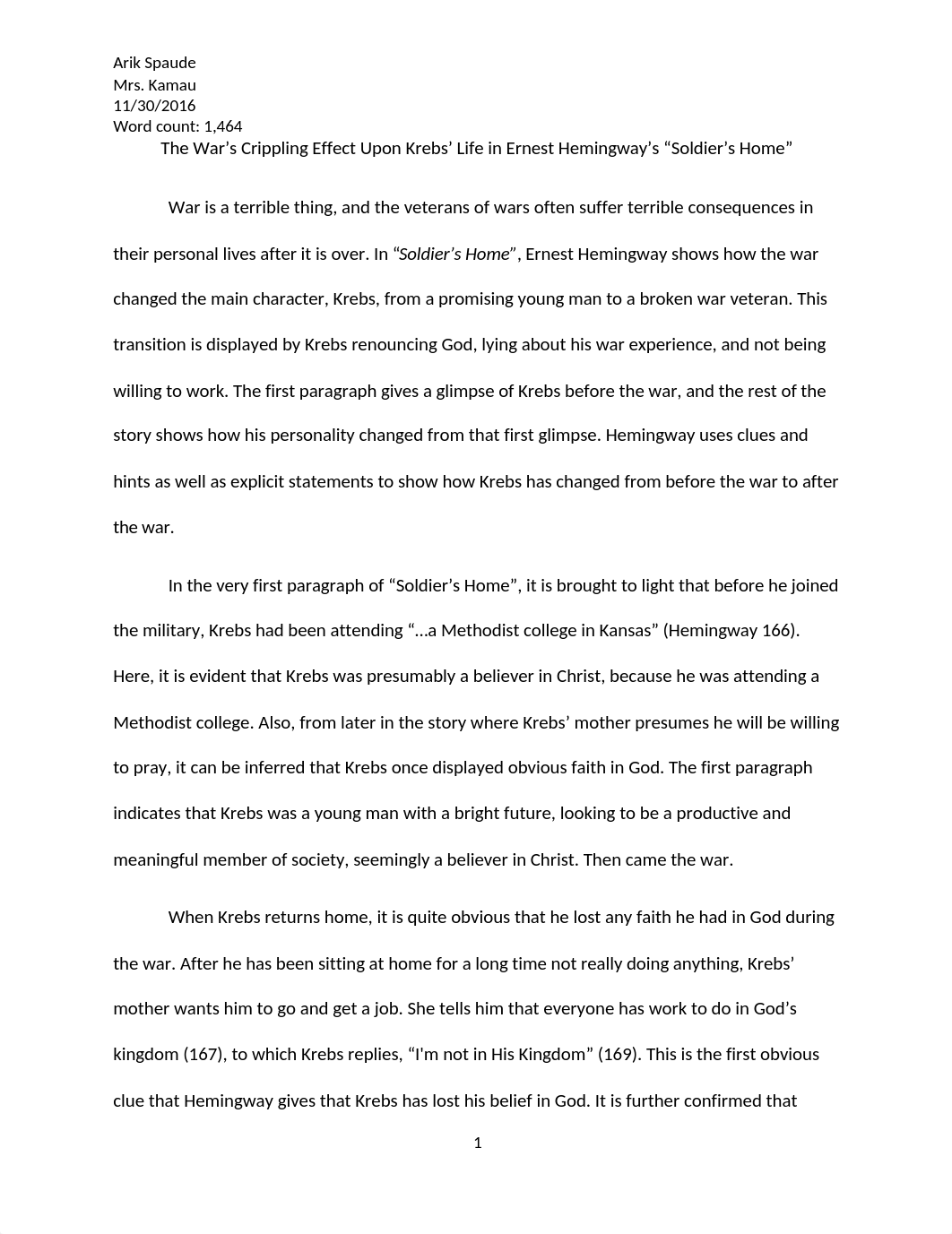 The War's Crippling Effect Upon Krebs' Life in Ernest Hemingway's "Soldier's Home"_d690dq1rlqb_page1